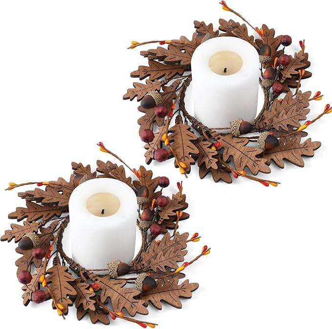 Daifunli 2 Pcs Fall Thanksgiving Candle Rings Maple Oak Leaves Acorn Vintage Wood Wreath for Pillar 3.9 Inch Candles Holder for Autumn Fall Thanksgiving Winter Christmas Rustic Table Centerpiece Decor