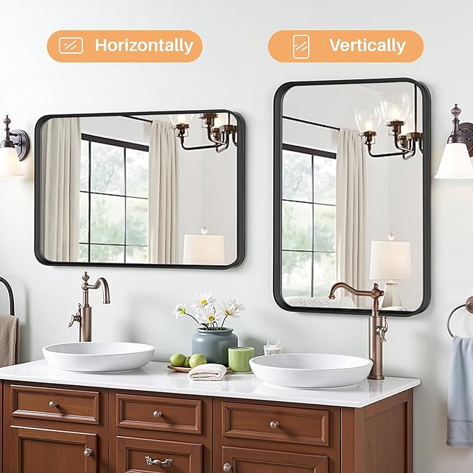 Bathroom Mirror for Wall, 30x22 Inch Rounded Rectangle Mirror, Black Metal Framed Bathroom Vanity Mirror for Restroom Farmhouse, Anti-Rust, Tempered Glass, Horizontally or Vertically Hanging