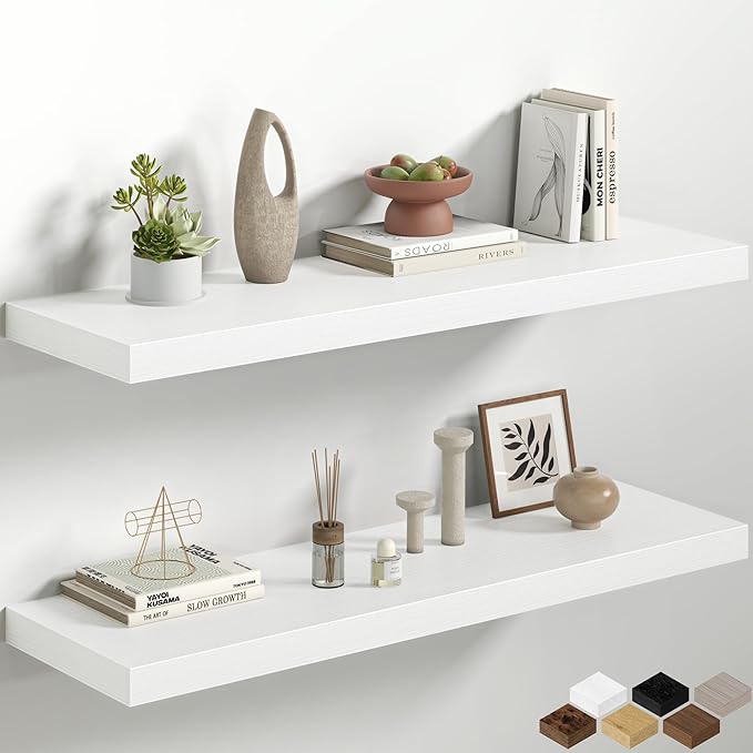 Fun Memories 40 Inch Floating Shelves, 12 Inch Deep Wall Shelves, 40 x 12 Floating Shelf Set of 2, White Wood Floating Shelf Wall Mounted, Large Kitchen Living Room Bedroom Bathroom Storage Shelves