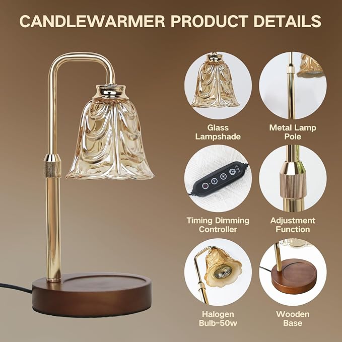 Droyek Candle Warmer Lamp with Timer Electric Candle Warmer Lamp Adjustable Height Dimmable Wax Warmer Lamp Jar Candles with 2 Bulbs for Home Decor & Office