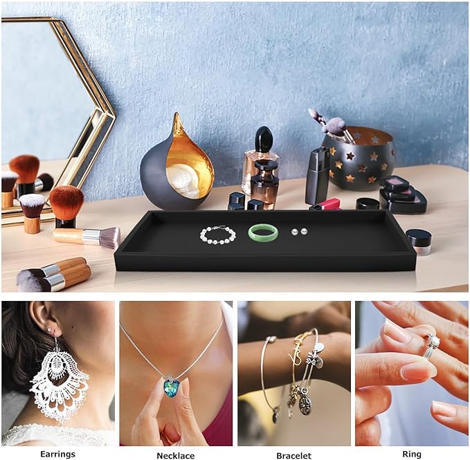 BESPORTBLE Silicone Vanity Tray Large Bathroom Counter Storage Organizer for Keys Jewelry Makeup Cosmetic Perfume Black Sturdy Non-Slip Desktop Tray