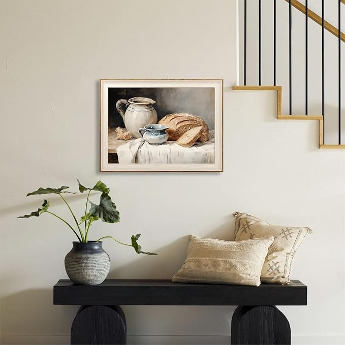 ASTRDECOR Framed Kitchen Wall Art, Modern Muted Still Life Painting Farmhouse Wall Decor, Sourdough Bread Canvas Wall Art Prints, Rustic Jars White Tablecloth Country Wall Decor Living Room-12''x16''