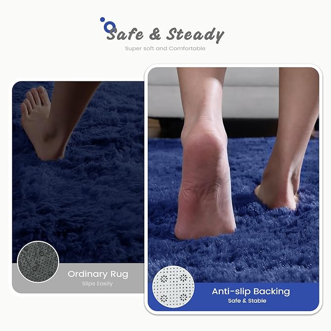 Modern Soft Fluffy Small Shaggy Rug for Bedroom Livingroom Dorm Kids Room Indoor Home Decorative, Non-Slip Plush Furry Fur Area Rugs Comfy Nursery Accent Floor Carpet 5X7 Feet, Light Navy