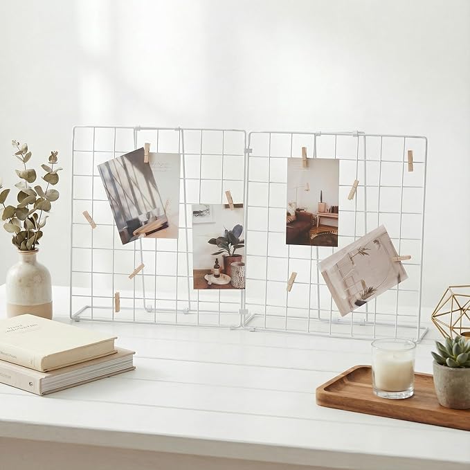 Foldable Double-sided Desktop Photo Display Rack & Grid Display Board With 20 Wooden Clips – Photo & Accessory Organizer For Home Office White