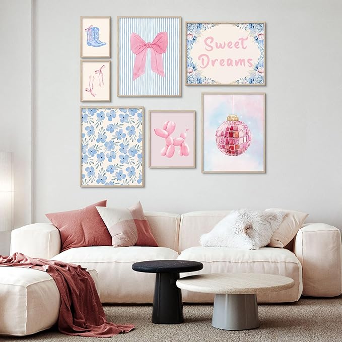 Habseligkeit Pink Posters for Room Aesthetic, Cute Wall Art Prints, Wall Decor Eclectic Home Decor Girls Bedroom Living Room Unframed, Set of 7