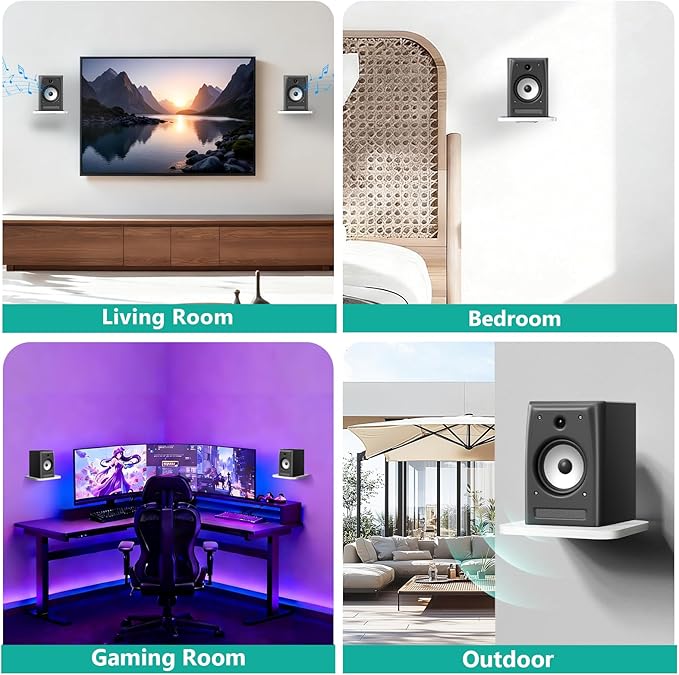 WALI Speaker Wall Mount, Heavy Duty Bookshelf Speaker Floating Wall Shelves, Surround Sound Speakers Stand for Living Room, Home Theater and Gaming Room, Holds up to 55 Lbs, (SWM302W), 1 Pair, White