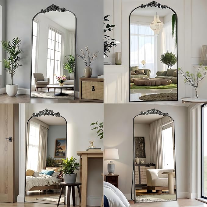 Dewfig Arched Full Length Mirror, 71"x32" Full Body Mirrors with Carved, Floor Mirror for HomeDecor, Standing/Halling Large Wall Mirror for Bedroom, Living Room, Cloakroom, Black, Retro Style