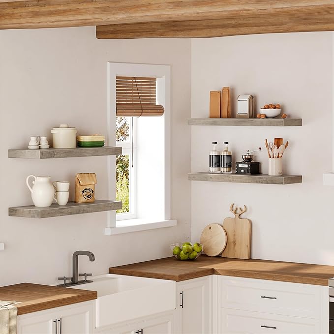 RALGEND Floating Shelves for Wall, 1.5" Thick Wall Shelf Set of 4 with Invisible Brackets, 23.6L x 7.9W Hanging Shelves Farmhouse Home Decor for Bathroom, Living Room, Bedroom, Greige 6301BJP4BG
