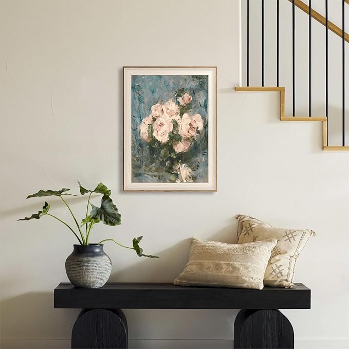 ASTRDECOR Framed Vintage Wall Art for Living Room, Vintage Floral Home Decor Aesthetic, Victorian Pink Rose Bouquet Oil Painting Blue Canvas Wall Art Prints, Antique Flower Pictures Blue Artwork for Living Room-12''x16''