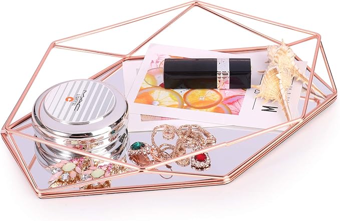 Decorative Tray Mirrored Metal Ornate Vanity Jewelry Cosmetic Table Organizer Storage Geometric Prisma Tray Desk Countertop Decor Gift Nordic Simple Style (Rose Gold)