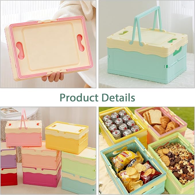 Tobeso-Nuoze Pastel Plastic Storage Bin with Lid Small Cute Foldable Pastel Crates Plastic Basket Colorful Storage Containers Baskets for Classroom Kitchen Office Bedroom Desktop Home Decor (Pink)