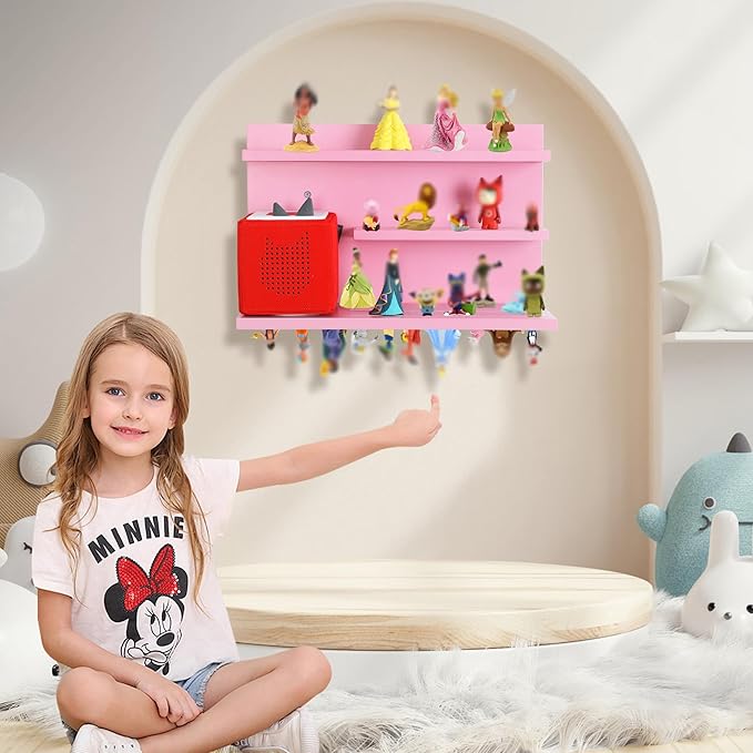 PHOENANCEE for Tonies Shelf Magnetic,for Toniebox Figures Storage Display Shelf 40-48 Character,Wall Floating Shelves Wooden,Compatible Charging Station for Children Kid's Room,Pine,3 Tier