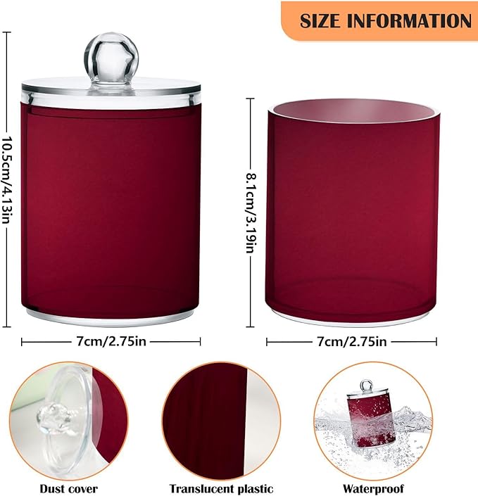 Burgundy Red Solid Color 2 Pack Qtip Holder Dispenser Clear Plastic Apothecary Jar with Lid Bathroom Organizer Vanity Makeup Storage Containers for Cotton Ball, Cotton Swab, Floss