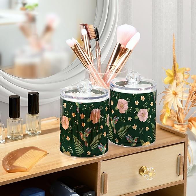 Flower Hummingbirds Green Bathroom Containers Holder with Lids Set Clear Jars 2 Pack Plastic Makeup Storage Organizer 4.13 x 2.75In for Cotton Swabs Pads Hair Clips
