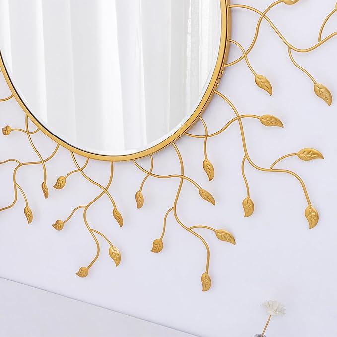 Chende 47" x 47" Large Round Decorative Mirror, Living Room Wall Mirror with Metal Leaves, Gold Mirror Wall Decor with Frame for Hallway, Dining Room, Bedroom