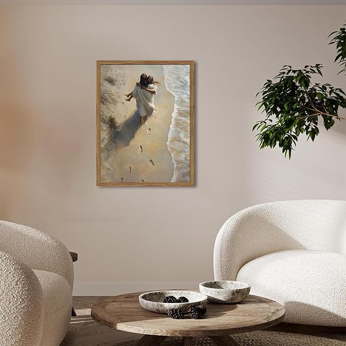 Jesus Hugging Woman Wall Art Jesus on the Beach Wall Decor 3D Textured Hand Drawn Sandstone Christian Decor Painting Footprints on the Beach Artwork for Bedroom Living Room 24x36 inch Wood Framed