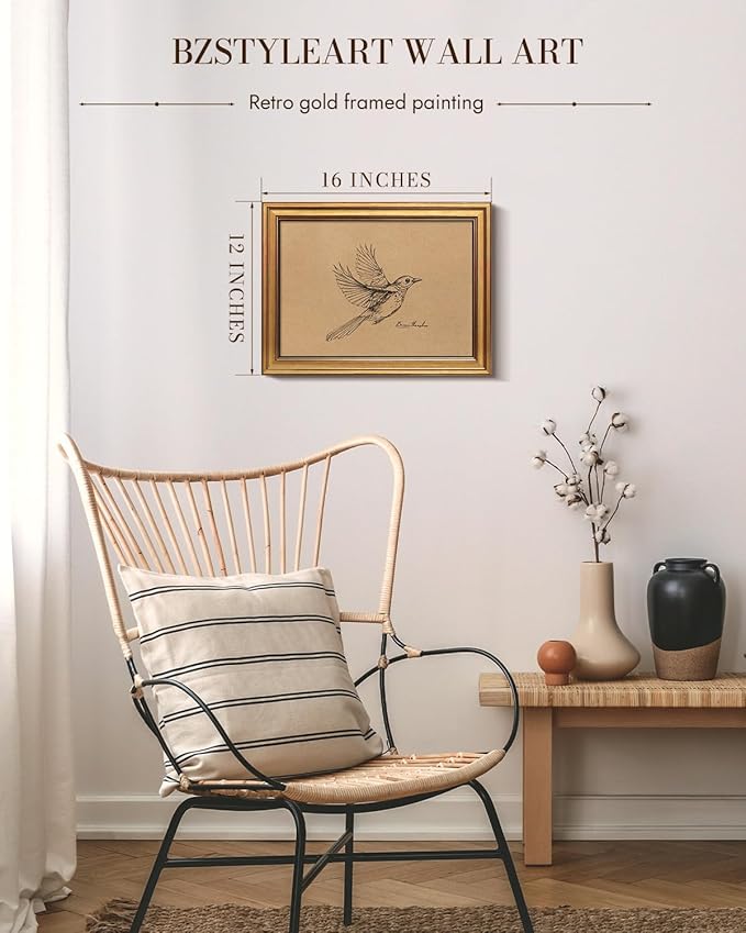 Bzstyleart Vintage Wall Art Decor, Vintage Gold Framed Wall Art, Sketch Painting Picture, Room Decor Aesthetic, Canvas Travel Prints for Apartment Decor Kitchen Office, Georgia Bird 12L x 16W