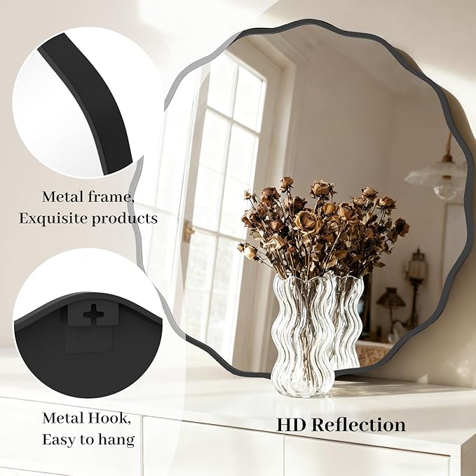 HOMECOOKIN 32 Inch Wavy Round Wall Mirror, Round Wavy Wall Mirror with Aluminum Frame for Bathroom Upgrades, Hotels, Dressing Tables,Farmhouses