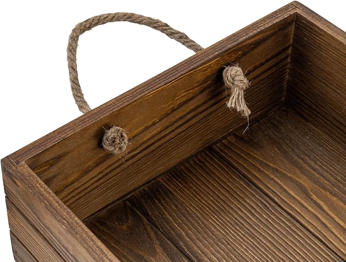 MyGift 15 Inch Large Rustic Brown Solid Wood Decorative Storage Box with Rope Carrying Handles, Country Style Wooden Crate, Farmhouse Pallet Design Open Top Bin