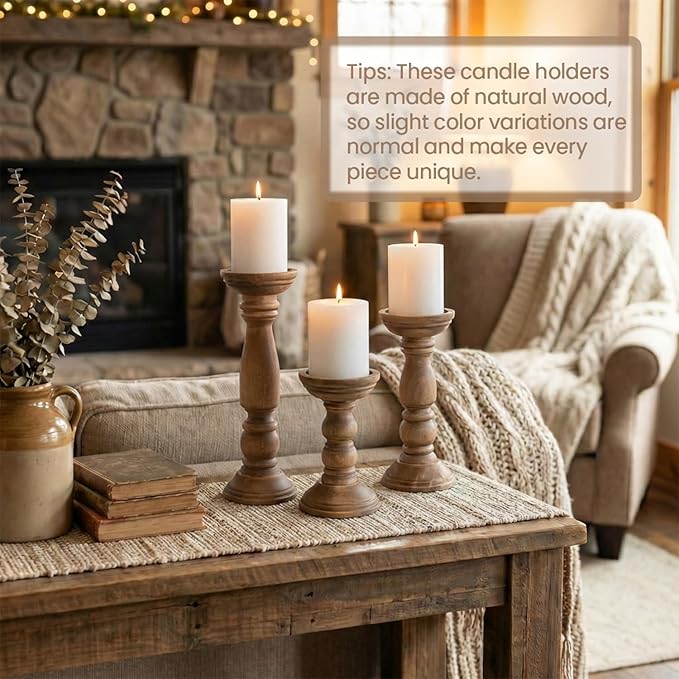 Farmhouse Wooden Candle Holders for Pillar Candles Set of 3, Rustic Wood Candle Holder Table Centerpiece Decor, 12'' 9'' 6'' Vintage Tall Candle Stand Decorative, Brown