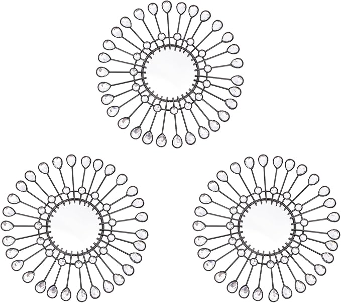 Black Mirrors 3 Piece, Sunburst Mirror Hanging Wall Decor, 9 inch Decorative Mirrors Wall Art, Rhinestone Round Mirror for Bedroom, Valentine, Kitchen, House Warming Valentine Gifts