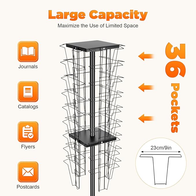 360°Rotating Shelf, 36 Pockets Metal Rotated Organizer Stand Magazine Rack 36 Pocket Rotating Magazine Rack 132.3lbs Load Capacity for Display In Offices, Audiovisual Stores, schools