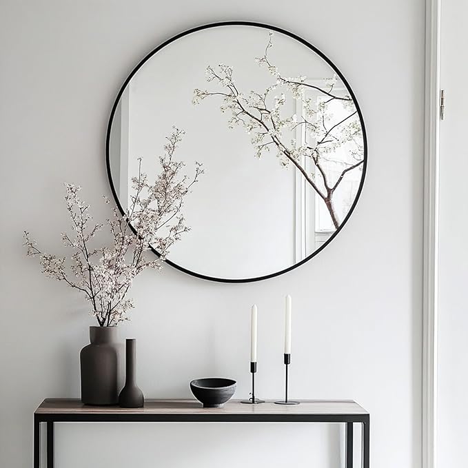 Oruii Round Mirror, Black Round Mirror 22 inch, Circle Wall Mounted Mirrors for Bathroom, Living Room, Bedroom, Vanity, Entryway, Hallway, Over Sink