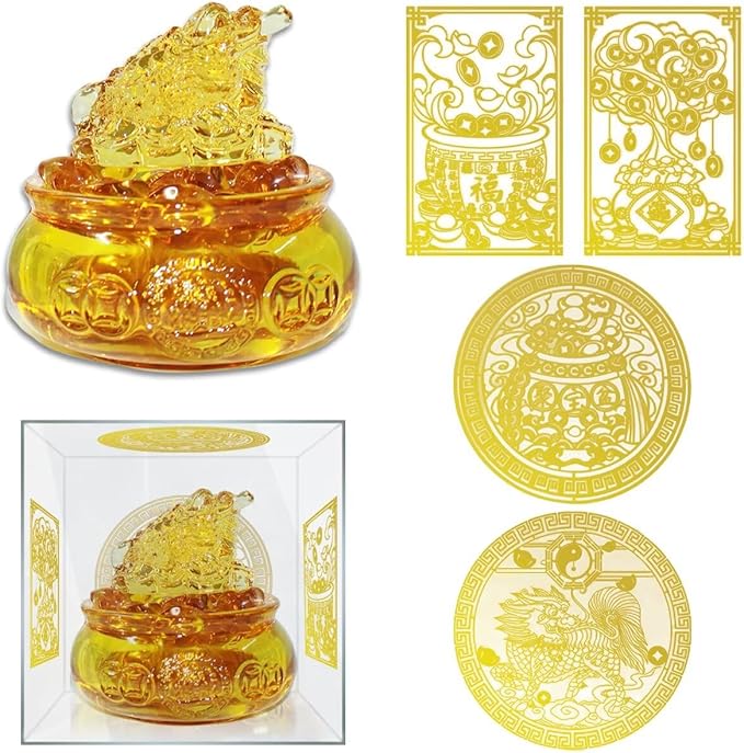 Golden Treasure Basin Feng Shui Money Toad and About 30 PCS Ingot Yuan Bao, 3in Crystal Glass Treasure Basin, 2in Lucky Golden Toad Ideal Adornment for Attracting Wealth, Office Home Decor (with Box)