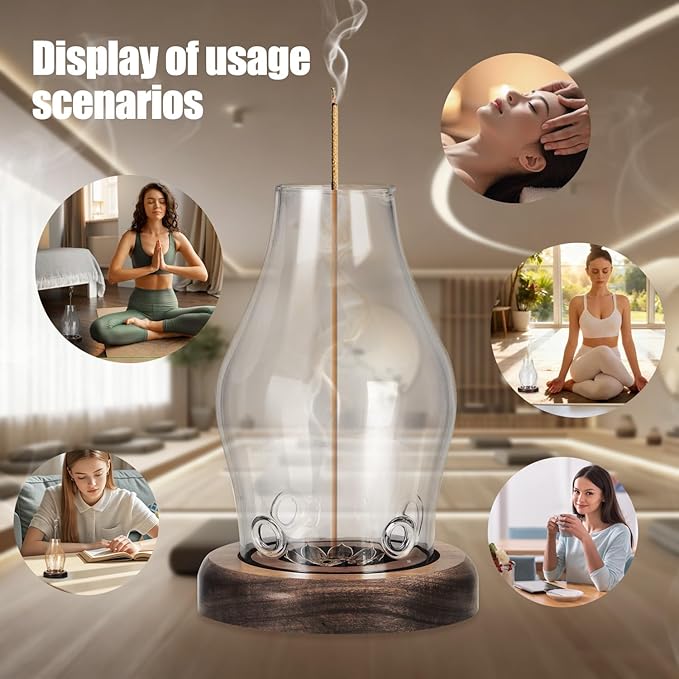 Glass Incense Holder for Sticks, Wooden Incense Stick Holder with Ash Catcher, Modern Insence-Stick Holder, Anti-Ash Flying Incent Holder for Yoga Spa Meditation Zen Home Decor (Transparent)