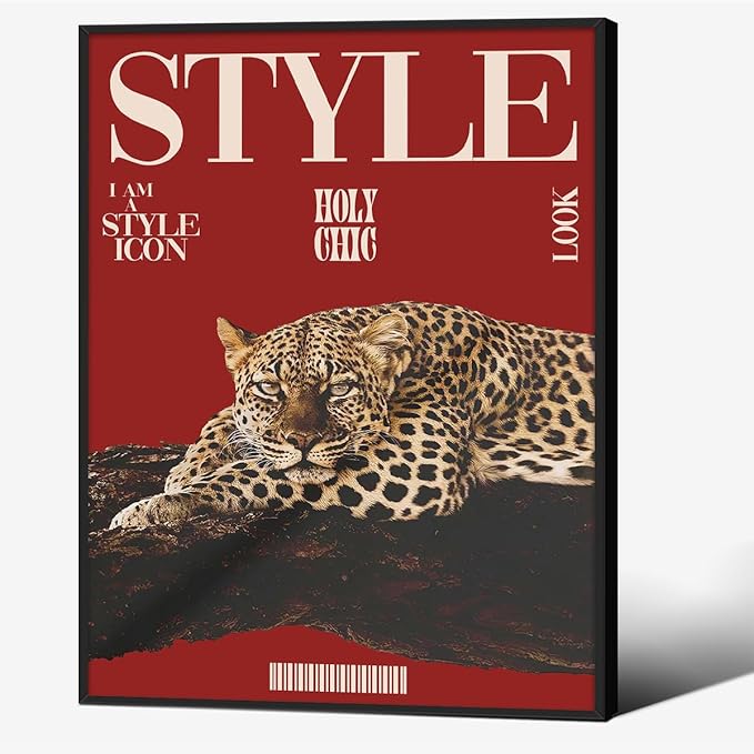 Red Cheetah Wall Art Vintage Trendy Cool Y2k Leopard Style Posters Funky Magazine Aesthetic Cover Canvas Prints 08x10 inch Black Framed for Living Room Bedroom Dorm Wall Decor