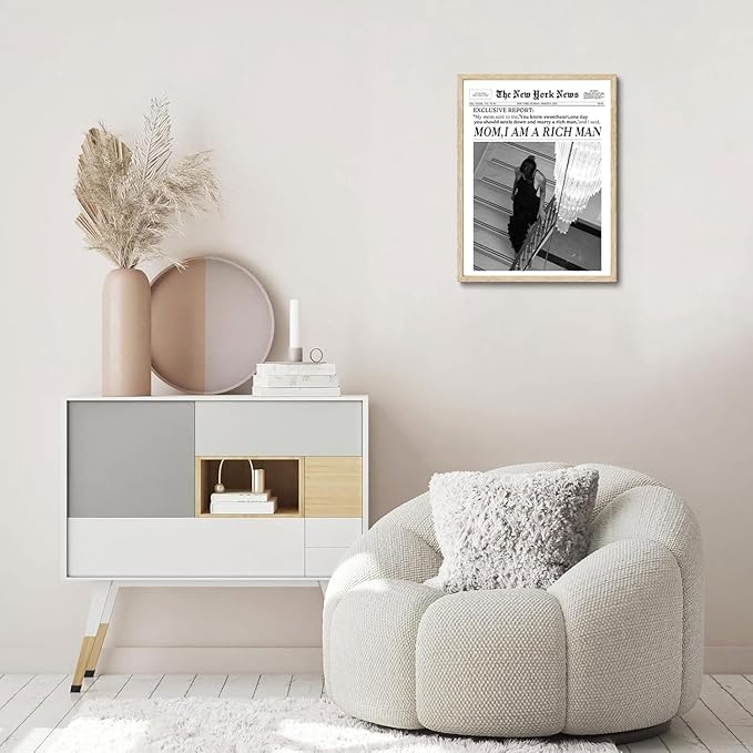 Bwodke OAK Wood Framed Wall Art Mom I Am a Rich Man Canvas Art Trendy Newspaper Pictures Independent Women Wall Decor Vintage Magazine Prints Funky Girl Artwork for Girly Dorm Bedroom 12"x16"