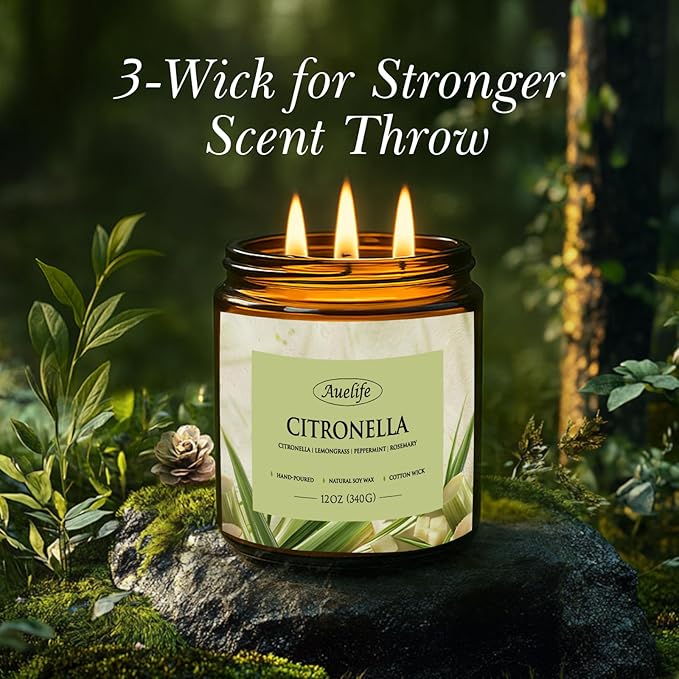 Auelife Scented Candles, 12oz Large 3-Wick Candle for Home Patio Camping & Garden, Natural Soy Wax Citronella Candle for Summer Gift, Long Lasting for Indoor Home Scented, 50+ Hour Burn