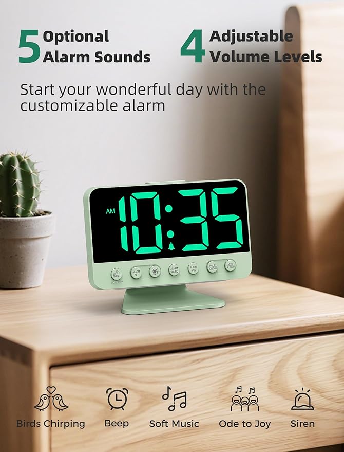 Odokee Digital Alarm Clocks for Bedrooms: Large Bold Number 5 Brightness Dimmer - Easy to Read Across The Room - 5 Alarm Sound 8 Night Light - Sage Green
