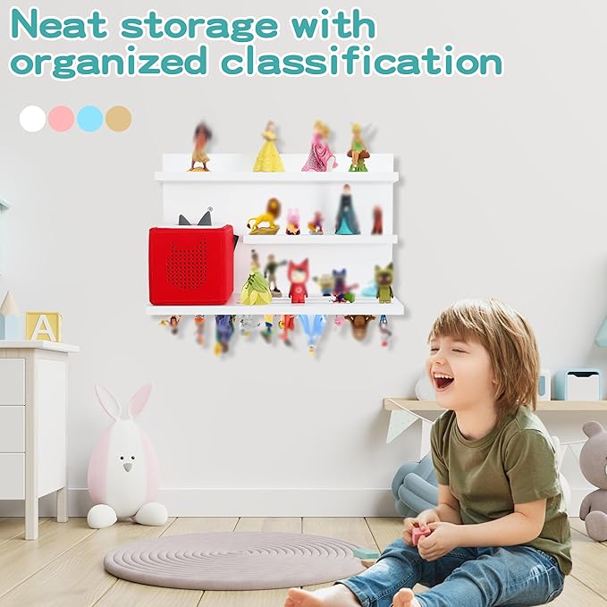 PHOENANCEE for Tonies Shelf Magnetic,for Toniebox Figures Storage Display Shelf 40-48 Character,Wall Floating Shelves Wooden,Compatible Charging Station for Children Kid's Room,Pine,3 Tier