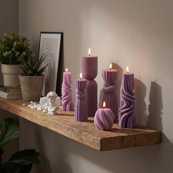 Threlaco 6 Pcs Pillar Candles Decorative Modern Aesthetic Ribbed Candle Set Cute Soy Wax Scented Ribbed Decor Commemorative Gift for Home Decoration(Purple, 2.36-6.89 Inch)