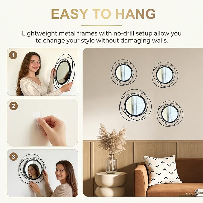 4 Piece Gold Round Wall Mirror Set Modern Metal Circle Home Decor for Living Room Bedroom Entryway 11/9 Inch Decorative Mirrors Minimalist Wall Art for Home