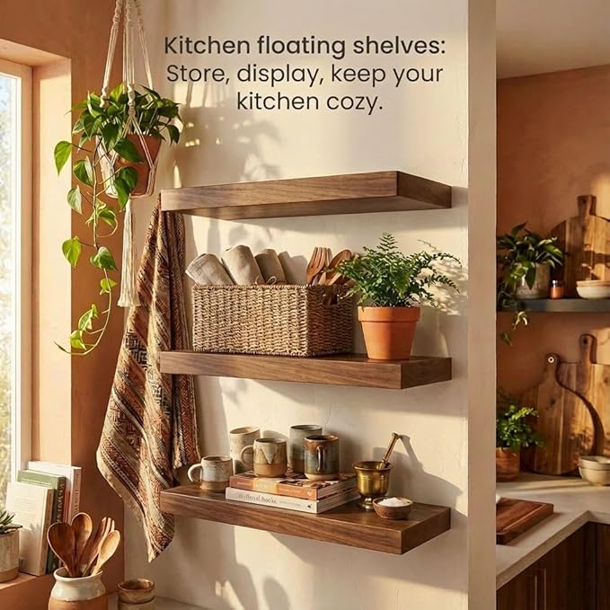 SAUMONIERES Floating Shelves Wall Shelf Solid Wood for Bathroom Bedroom Kitchen Storage Set of 3, Walnut Wall Shelves