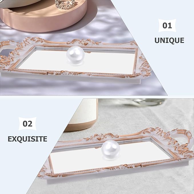 OUNONA Vintage Gold Mirror Surface Decorative Vanity Tray for Perfume and Jewelry Organizer, Plastic Retro Jewelry and Makeup Storage Tray for Home Decor and Photography Props