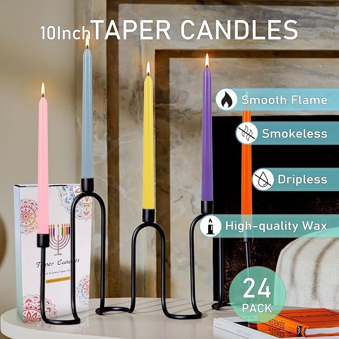 Howemon 24 Pack 10" Tall Colored Taper Candles, Dripless Unscented Colorful Candlesticks for Birthdays Dinner Party Home Décor, Long Burning Spell Chime Candles for Witchcraft Ritual Prayer Meditation
