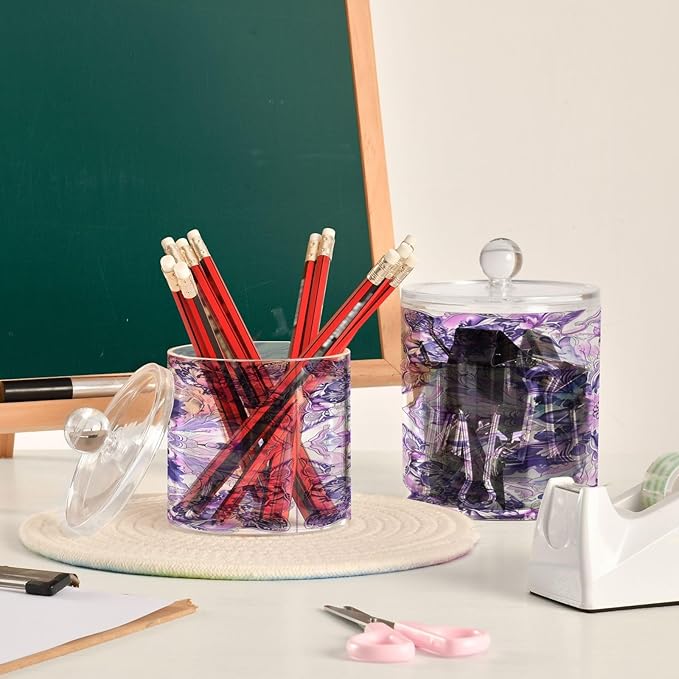 Boho Psychedelic Purple Floral Clear Plastic Makeup Organizer Storage with lid Office Essentials Decorative Dental floss storage jar for Cotton Swabs,Cotton Pads,Floss Picks,Paper Clips,Hair