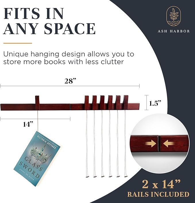 Ash Harbor Floating Wall Bookshelf - Wall Mounted Book Organizer with Included Bookmarks - Hardwood Hanging Bookshelf for Bedroom, Living Room, or Kitchen - A Thoughtful Gift for Book Lovers (Dark)
