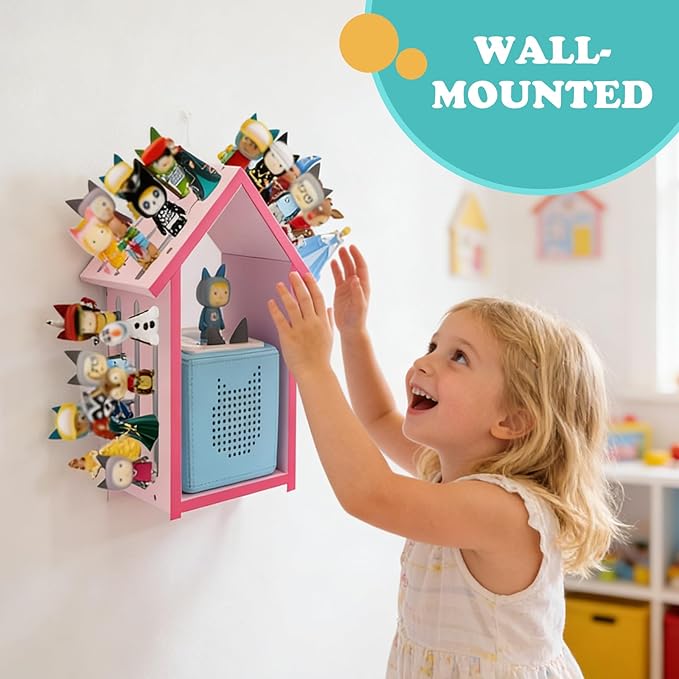 for Tonies Box Shelf Magnetic House Storage Shelf, Compatible with Tonie Box 1/2 Player Character Tonies Figures Characters for Children Room, Wall-Mounted and Desktop Placement (Pink)