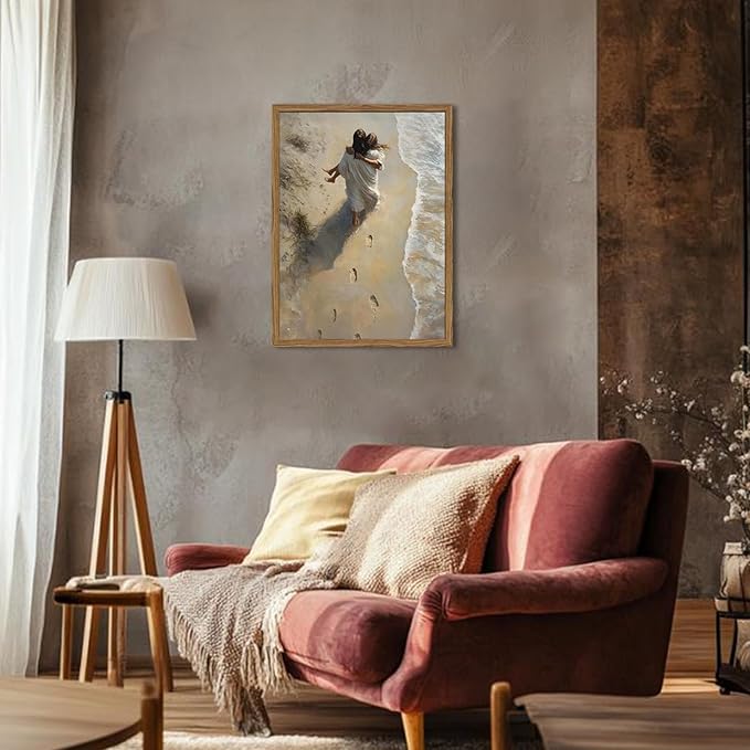 Jesus Hugging Woman Wall Art Jesus on the Beach Wall Decor 3D Textured Hand Drawn Sandstone Christian Decor Painting Footprints on the Beach Artwork for Bedroom Living Room 12x16 inch Wood Framed