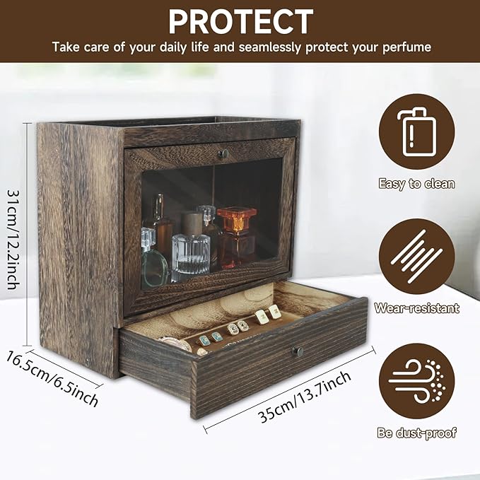 Wooden Cologne Organiser with Acrylic Display & Drawer,Vanity Storage Rack for Perfumes,Jewellery & Cosmetics,Cologne Display Stand for Men & Women,Bedroom and Bathroom Vanity Storage Amber