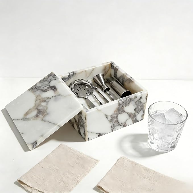 Luxury Marble Storage Box with Lid, White and Purple Veined Pattern, Decorative Organizer for Makeup Brushes, Jewelry, Bathroom Accessories (Square)