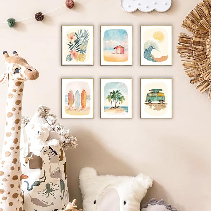 Beach Nursery Poster, Set of 6 Ocean Kids Wall Art Watercolor Summer Surf Wall Decor Beachy Boys Room Decor Funny Teen Coastal Surfboard Canvas Prints Aesthetic Unframed 12x16 inch