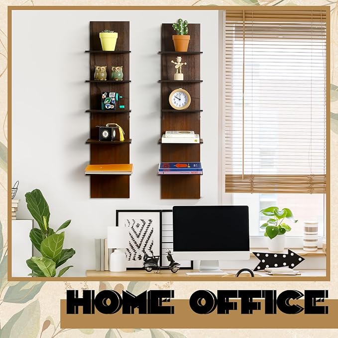 Yuntau 2 Pieces 5 Tier Wall Shelves for Bedroom 31.4 Inches Split Assembly Type Mount Vertical Wall Shelf Column Lack Hanging Floating Shelf for Storage Organizer Design Home Living Room(Walnut)
