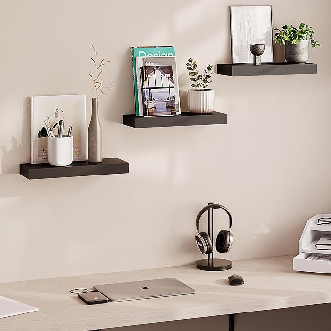 Ballucci Floating Shelves, 16" Wood Wall Shelf Set of 3, Invisible Brackets Floating Shelf for Wall Decor Living Room, Bathroom, Bedroom, Kitchen, 6" Depth, Black