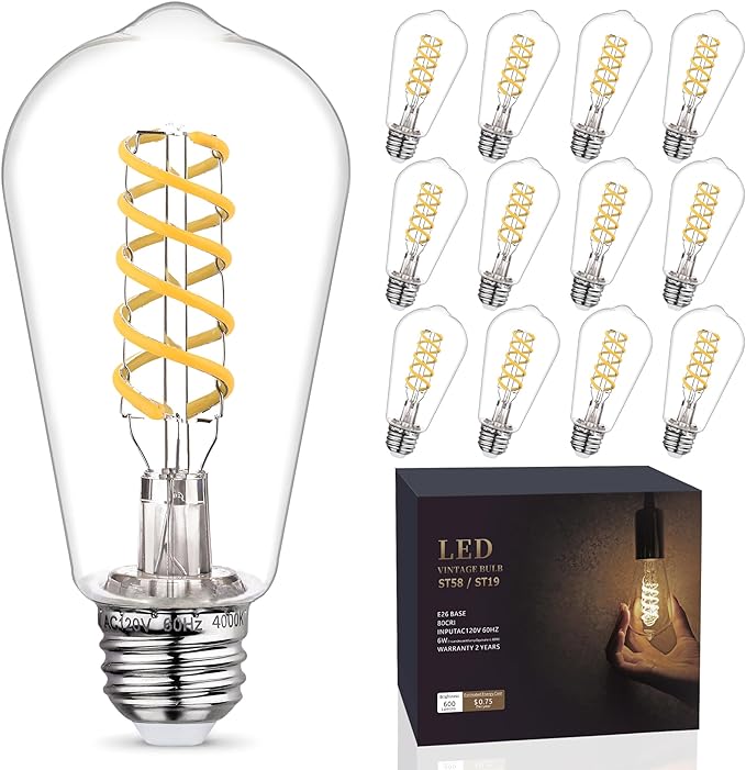 12 - Pack 60 Watt Equivalent Edison Light Bulbs, E26 Shatterproof LED Filament Light Bulbs, Neutral White 4000K, Dimmable, Antique Filament Decorative Light Bulbs, ST19/ST58 LED Edison Bulb