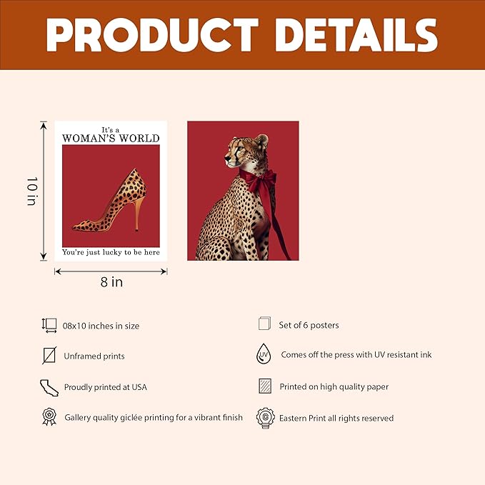 Eastern Print Trendy Red Leopard Wall Art, Set of 6 Cheetah Print Posters, Fashion & Empowerment Decor for Women’s Room, Girl Boss Bedroom Gallery Aesthetic, Unframed (8x10 inch)